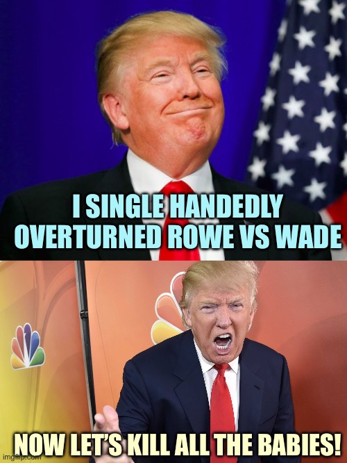 Not right-wing enough for pro-lifers | I SINGLE HANDEDLY OVERTURNED ROWE VS WADE; NOW LET’S KILL ALL THE BABIES! | image tagged in trump smile,trump yelling,memes | made w/ Imgflip meme maker