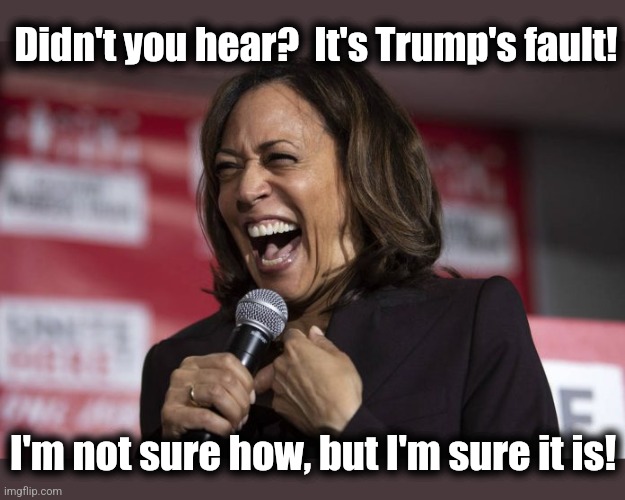 Kamala laughing | Didn't you hear?  It's Trump's fault! I'm not sure how, but I'm sure it is! | image tagged in kamala laughing | made w/ Imgflip meme maker