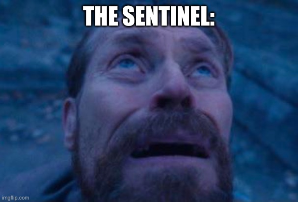 Willem Dafoe looking up | THE SENTINEL: | image tagged in willem dafoe looking up | made w/ Imgflip meme maker