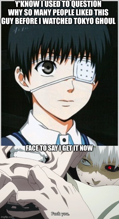 I get why you guys like him now | Y'KNOW I USED TO QUESTION WHY SO MANY PEOPLE LIKED THIS GUY BEFORE I WATCHED TOKYO GHOUL; FACE TO SAY I GET IT NOW | image tagged in anime,tokyo ghoul,ohhhhhhhhhhhh | made w/ Imgflip meme maker