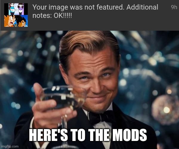 Thanks | HERE'S TO THE MODS | image tagged in memes,leonardo dicaprio cheers | made w/ Imgflip meme maker