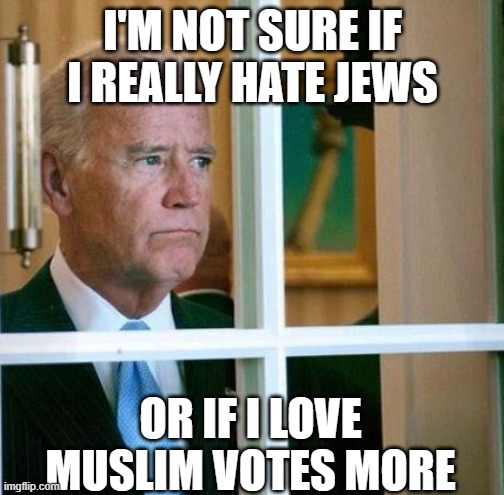 Sad Joe Biden | I'M NOT SURE IF I REALLY HATE JEWS; OR IF I LOVE MUSLIM VOTES MORE | image tagged in sad joe biden | made w/ Imgflip meme maker