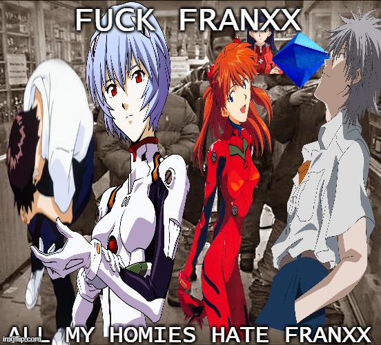 FUCK FRANXX; ALL MY HOMIES HATE FRANXX | image tagged in all my homies hate,neon genesis evangelion,darling in the franxx | made w/ Imgflip meme maker