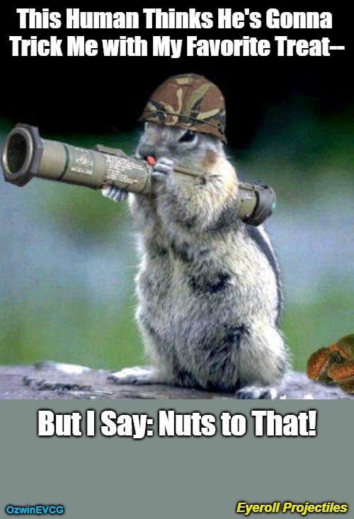 Eyeroll Projectiles | This Human Thinks He's Gonna 

Trick Me with My Favorite Treat--; But I Say: Nuts to That! Eyeroll Projectiles; OzwinEVCG | image tagged in feeding animals,bazooka squirrel,trick or treat,be prepared,doubt,agenda | made w/ Imgflip meme maker