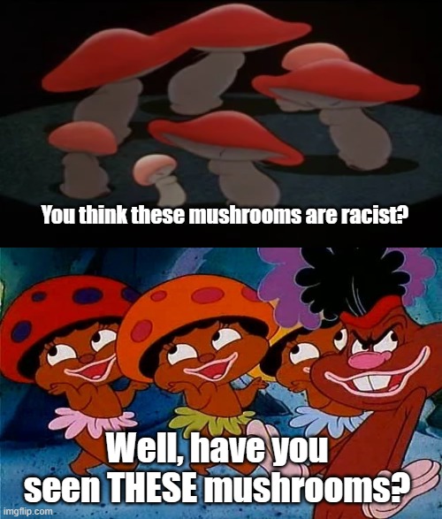 Racist Mushrooms | You think these mushrooms are racist? Well, have you seen THESE mushrooms? | image tagged in animation,elmchantedforest,fantasia,racist,mushrooms | made w/ Imgflip meme maker