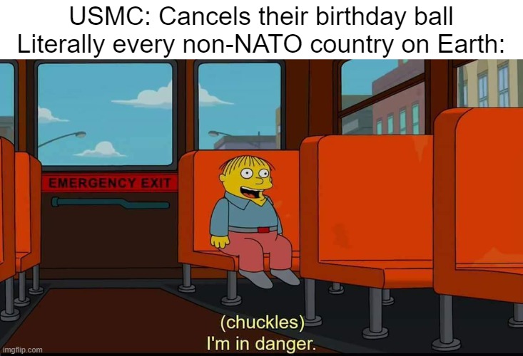 There's only one thing the Marines love more than their birthday ball... | USMC: Cancels their birthday ball
Literally every non-NATO country on Earth: | image tagged in i'm in danger,nato,oh crap,marines | made w/ Imgflip meme maker