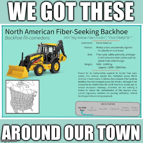 Fibre seeking backhoe | WE GOT THESE; AROUND OUR TOWN | image tagged in backhoe,fibre,gold digger | made w/ Imgflip meme maker