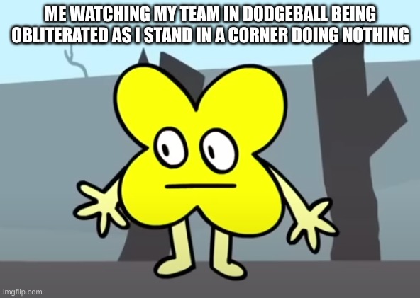 halp | ME WATCHING MY TEAM IN DODGEBALL BEING OBLITERATED AS I STAND IN A CORNER DOING NOTHING | image tagged in dodgeball,school,bfdi,bfb,help,something | made w/ Imgflip meme maker