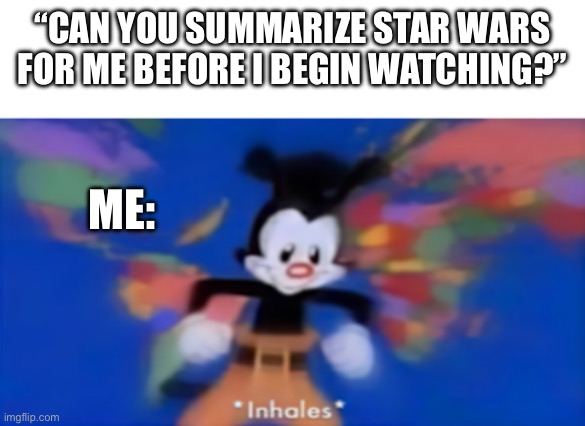 Yakko inhale | “CAN YOU SUMMARIZE STAR WARS FOR ME BEFORE I BEGIN WATCHING?”; ME: | image tagged in yakko inhale | made w/ Imgflip meme maker