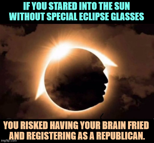 Help is available. | IF YOU STARED INTO THE SUN WITHOUT SPECIAL ECLIPSE GLASSES; YOU RISKED HAVING YOUR BRAIN FRIED 
AND REGISTERING AS A REPUBLICAN. | image tagged in trump,sun,solar eclipse,moon,jealousy | made w/ Imgflip meme maker