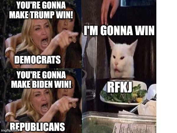 Imma gonna win | YOU'RE GONNA MAKE TRUMP WIN! I'M GONNA WIN; DEMOCRATS; YOU'RE GONNA MAKE BIDEN WIN! RFKJ; REPUBLICANS | image tagged in woman yelling at cat | made w/ Imgflip meme maker