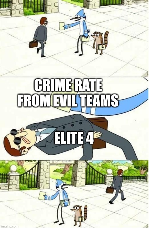 Dodge Flyer | CRIME RATE FROM EVIL TEAMS; ELITE 4 | image tagged in dodge flyer | made w/ Imgflip meme maker