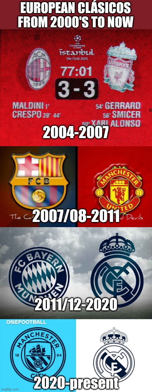 European Football Clasicos from 2004-2024 | EUROPEAN CLÁSICOS FROM 2000'S TO NOW; 2004-2007; 2007/08-2011; 2011/12-2020; 2020-present | image tagged in real madrid,manchester city,barcelona,manchester united,liverpool,bayern munich | made w/ Imgflip meme maker