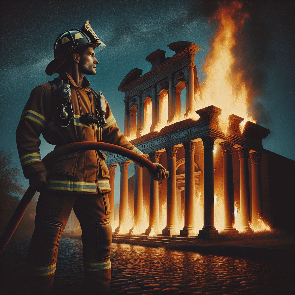 A roman fireman infront of a burning building Blank Meme Template