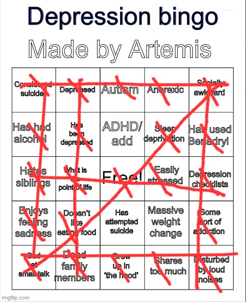 Depression bingo | image tagged in depression bingo | made w/ Imgflip meme maker