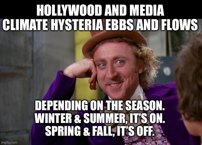 It changes, like the weather. | HOLLYWOOD AND MEDIA CLIMATE HYSTERIA EBBS AND FLOWS; DEPENDING ON THE SEASON. 
WINTER & SUMMER, IT’S ON. 
SPRING & FALL, IT’S OFF. | image tagged in chocolate factory,climate change | made w/ Imgflip meme maker