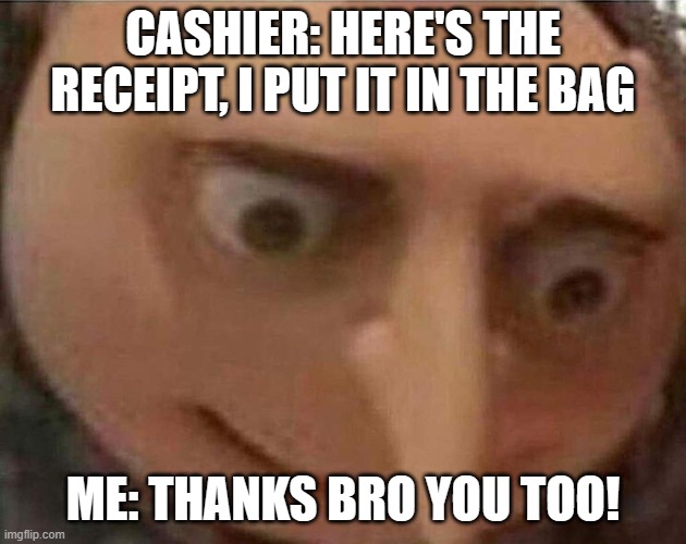 gru meme | CASHIER: HERE'S THE RECEIPT, I PUT IT IN THE BAG; ME: THANKS BRO YOU TOO! | image tagged in gru meme | made w/ Imgflip meme maker