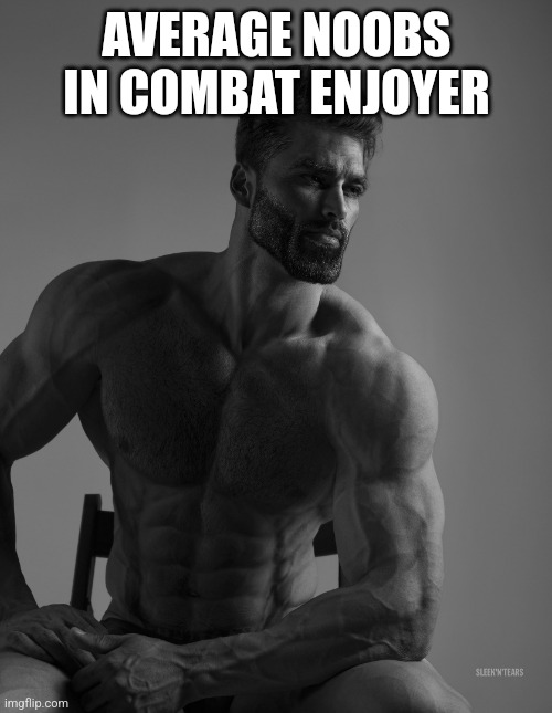 Giga Chad | AVERAGE NOOBS IN COMBAT ENJOYER | image tagged in giga chad | made w/ Imgflip meme maker