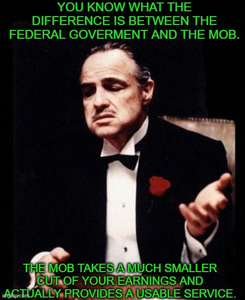 its the simple truth | YOU KNOW WHAT THE DIFFERENCE IS BETWEEN THE FEDERAL GOVERMENT AND THE MOB. THE MOB TAKES A MUCH SMALLER CUT OF YOUR EARNINGS AND ACTUALLY PROVIDES A USABLE SERVICE. | image tagged in democrats | made w/ Imgflip meme maker