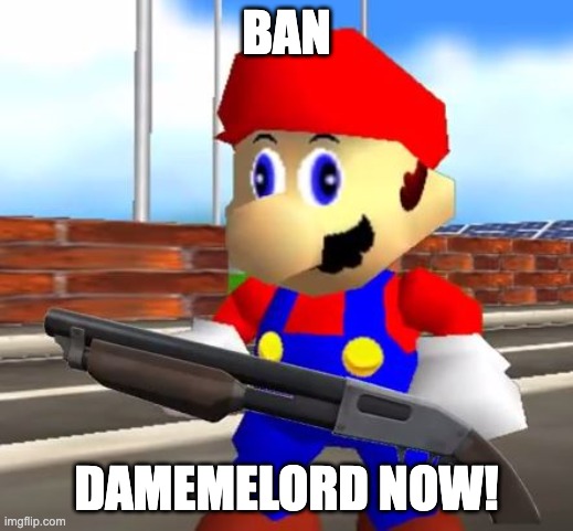 SMG4 Shotgun Mario | BAN; DAMEMELORD NOW! | image tagged in smg4 shotgun mario | made w/ Imgflip meme maker