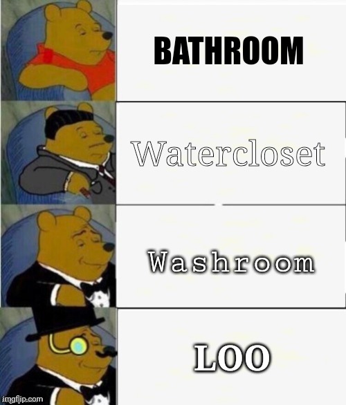 Fancy me | BATHROOM; Watercloset; Washroom; LOO | image tagged in tuxedo winnie the pooh 4 panel | made w/ Imgflip meme maker