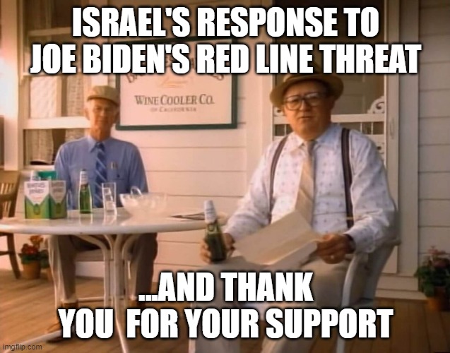 Israel's response to Joe Biden | ISRAEL'S RESPONSE TO JOE BIDEN'S RED LINE THREAT; ...AND THANK YOU  FOR YOUR SUPPORT | image tagged in israel,palestine,respect,joe biden,prime minister,fjb | made w/ Imgflip meme maker