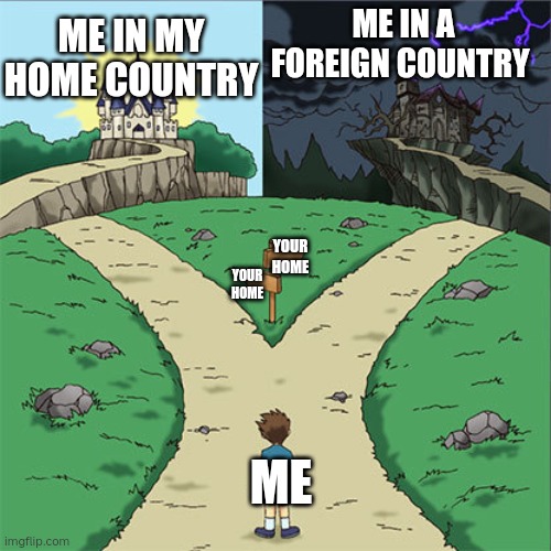 Me in different countries | ME IN A FOREIGN COUNTRY; ME IN MY HOME COUNTRY; YOUR HOME; YOUR HOME; ME | image tagged in two paths | made w/ Imgflip meme maker