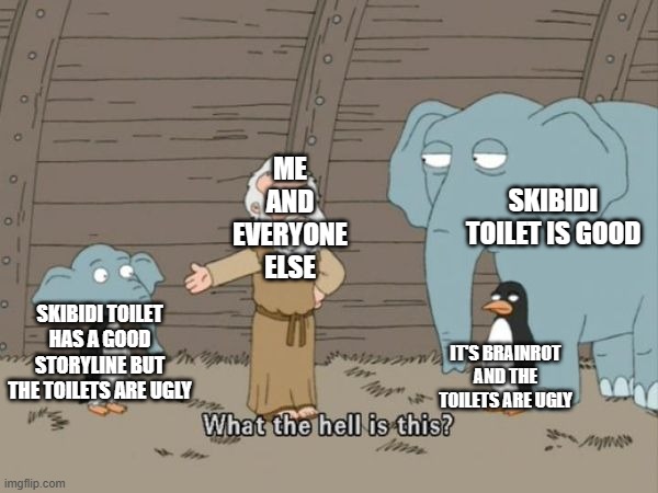 Promethium, what the hell | ME AND EVERYONE ELSE; SKIBIDI TOILET IS GOOD; SKIBIDI TOILET HAS A GOOD STORYLINE BUT THE TOILETS ARE UGLY; IT'S BRAINROT AND THE TOILETS ARE UGLY | image tagged in what the hell is this | made w/ Imgflip meme maker