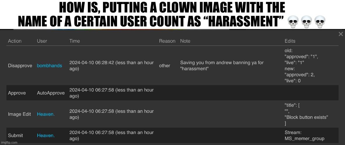 Lmfao | HOW IS, PUTTING A CLOWN IMAGE WITH THE NAME OF A CERTAIN USER COUNT AS “HARASSMENT” 💀💀💀 | made w/ Imgflip meme maker