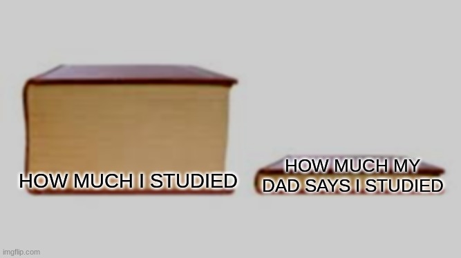 So True | HOW MUCH MY DAD SAYS I STUDIED; HOW MUCH I STUDIED | image tagged in big book small book | made w/ Imgflip meme maker