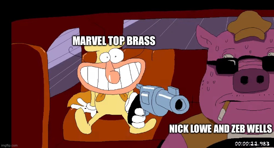 TFW the current ASM team might be forced to clean up their own mess before leaving | MARVEL TOP BRASS; NICK LOWE AND ZEB WELLS | image tagged in pizza tower the noise holds a driver at gunpoint,spiderman,pizza tower,the noise | made w/ Imgflip meme maker