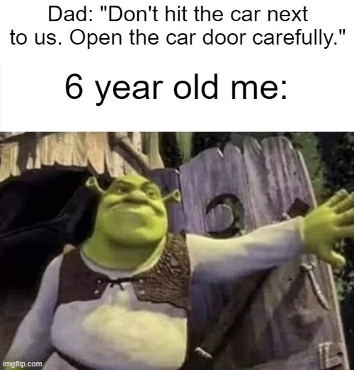 He always told me that even though we were 8 feet away from the other car. | Dad: "Don't hit the car next to us. Open the car door carefully."; 6 year old me: | image tagged in shrek,relatable,relatable memes,childhood,nostalgia,fun | made w/ Imgflip meme maker