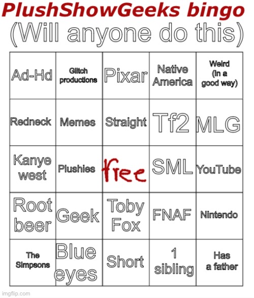 PlushShowGeeks bingo | image tagged in plushshowgeeks bingo | made w/ Imgflip meme maker