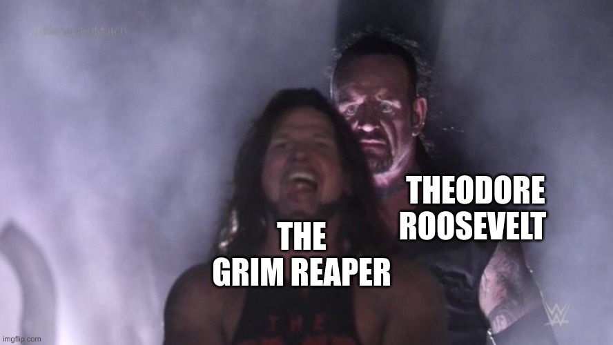 death had to take him asleep because if was awake there would've been a fight | THEODORE ROOSEVELT; THE GRIM REAPER | image tagged in aj styles undertaker | made w/ Imgflip meme maker