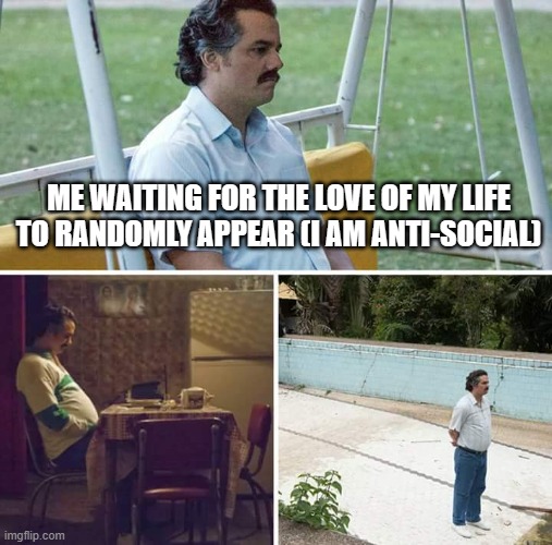 Sad Pablo Escobar Meme | ME WAITING FOR THE LOVE OF MY LIFE TO RANDOMLY APPEAR (I AM ANTI-SOCIAL) | image tagged in memes,sad pablo escobar | made w/ Imgflip meme maker