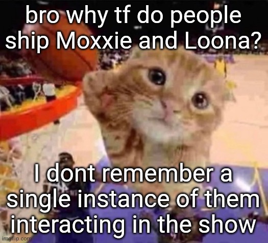 also I think Loona hates Moxxie or something | bro why tf do people ship Moxxie and Loona? I dont remember a single instance of them interacting in the show | image tagged in ballin cat | made w/ Imgflip meme maker