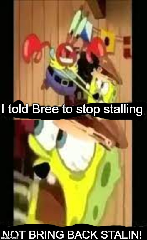 Oh crap | I told Bree to stop stalling; NOT BRING BACK STALIN! | image tagged in i said glass of juice,joseph stalin,ussr,funny,memes | made w/ Imgflip meme maker
