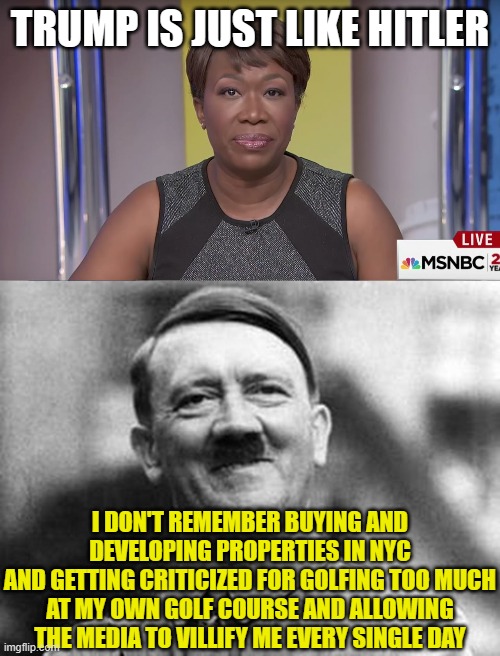TRUMP IS JUST LIKE HITLER; I DON'T REMEMBER BUYING AND DEVELOPING PROPERTIES IN NYC
AND GETTING CRITICIZED FOR GOLFING TOO MUCH AT MY OWN GOLF COURSE AND ALLOWING THE MEDIA TO VILLIFY ME EVERY SINGLE DAY | image tagged in joy reid,adolf hitler | made w/ Imgflip meme maker