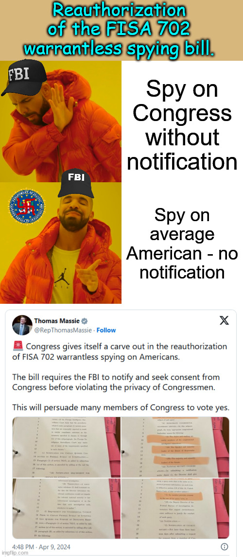 Reauthorization of FISA 702 warrantless spying.The FBI can abuse your rights at anytime. | Reauthorization of the FISA 702 warrantless spying bill. Spy on Congress without notification; Spy on average American - no notification | image tagged in memes,power sick fbi,warrantless spying on americans,us gestapo,fascists | made w/ Imgflip meme maker