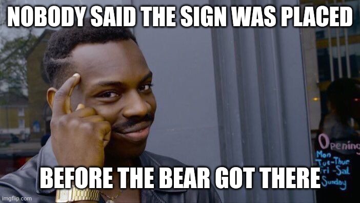 Roll Safe Think About It Meme | NOBODY SAID THE SIGN WAS PLACED BEFORE THE BEAR GOT THERE | image tagged in memes,roll safe think about it | made w/ Imgflip meme maker