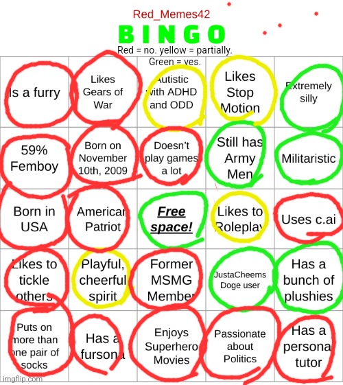 Red_Memes42 Bingo! | Red = no. yellow = partially.
Green = yes. | image tagged in red_memes42 bingo | made w/ Imgflip meme maker