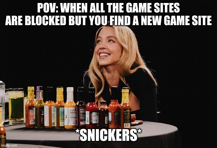 illegal game sites are cool | POV: WHEN ALL THE GAME SITES ARE BLOCKED BUT YOU FIND A NEW GAME SITE; *SNICKERS* | image tagged in sydney sweeney,games,fun,scratch | made w/ Imgflip meme maker