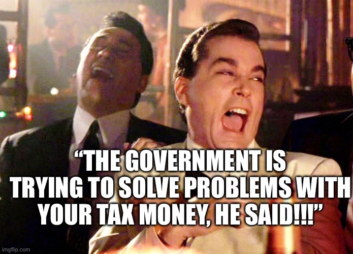 The Government | “THE GOVERNMENT IS TRYING TO SOLVE PROBLEMS WITH YOUR TAX MONEY, HE SAID!!!” | image tagged in memes,good fellas hilarious,government,taxes | made w/ Imgflip meme maker