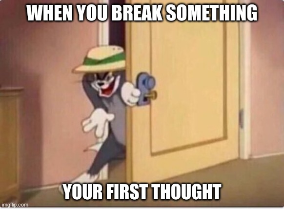 TOM SNEAKING IN A ROOM | WHEN YOU BREAK SOMETHING; YOUR FIRST THOUGHT | image tagged in tom sneaking in a room | made w/ Imgflip meme maker