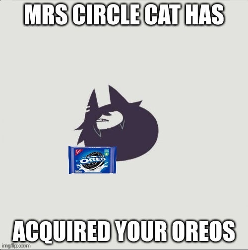 oreos stolen >:) | MRS CIRCLE CAT HAS; ACQUIRED YOUR OREOS | image tagged in smol miss circle holding oreos,oreos,oreo | made w/ Imgflip meme maker