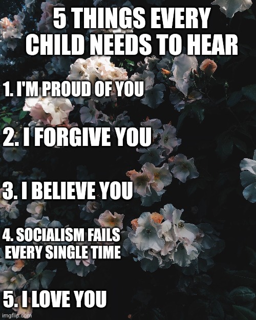 5 THINGS EVERY CHILD NEEDS TO HEAR; 1. I'M PROUD OF YOU; 2. I FORGIVE YOU; 3. I BELIEVE YOU; 4. SOCIALISM FAILS 
EVERY SINGLE TIME; 5. I LOVE YOU | image tagged in funny memes | made w/ Imgflip meme maker