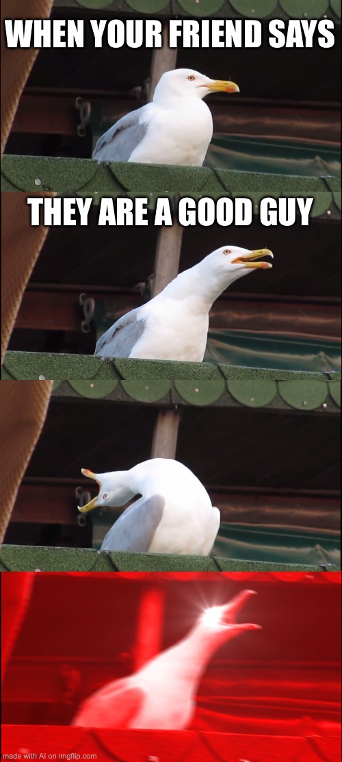 Inhaling Seagull Meme | WHEN YOUR FRIEND SAYS; THEY ARE A GOOD GUY | image tagged in memes,inhaling seagull | made w/ Imgflip meme maker