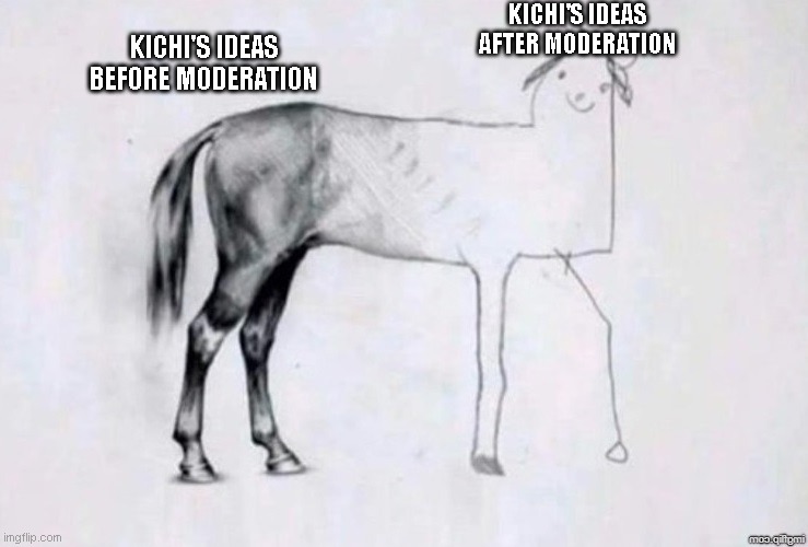 Horse Drawing | KICHI'S IDEAS AFTER MODERATION; KICHI'S IDEAS BEFORE MODERATION | image tagged in horse drawing | made w/ Imgflip meme maker