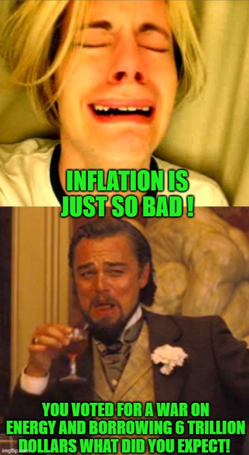 Why are they do surprised! | INFLATION IS JUST SO BAD ! YOU VOTED FOR A WAR ON ENERGY AND BORROWING 6 TRILLION DOLLARS WHAT DID YOU EXPECT! | image tagged in leave britney alone,memes,laughing leo | made w/ Imgflip meme maker