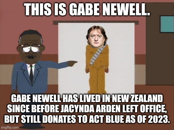 chewbacca defense | THIS IS GABE NEWELL. GABE NEWELL HAS LIVED IN NEW ZEALAND SINCE BEFORE JACYNDA ARDEN LEFT OFFICE, BUT STILL DONATES TO ACT BLUE AS OF 2023. | image tagged in chewbacca defense | made w/ Imgflip meme maker